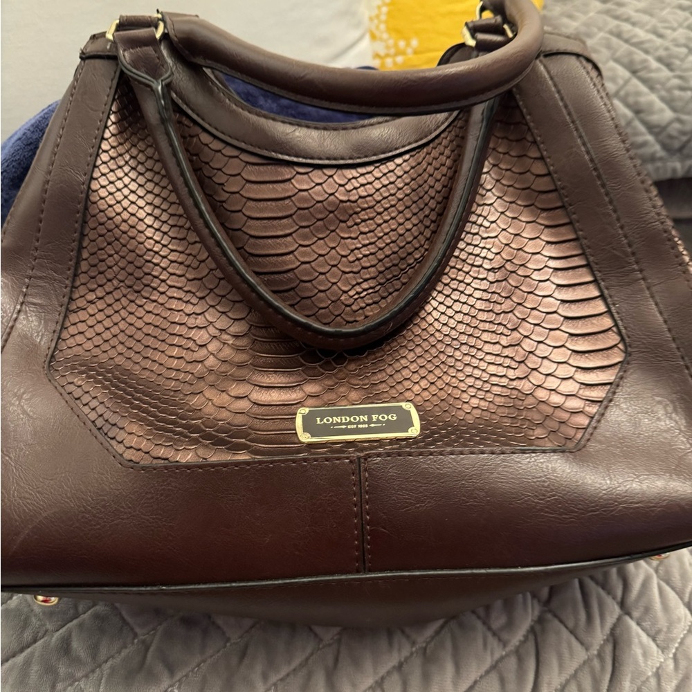 London Fog Dark Brown Snake-Embossed Shoulder Bag